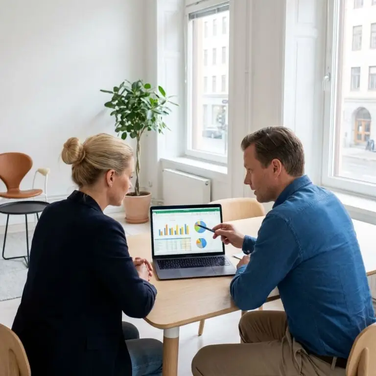 Två personer sitter vid ett bord i ett ljust kontor och tittar på en bärbar dator som visar diagram och grafer över bostadsrättsföreningens ekonomiska förvaltning. En person pekar på skärmen medan han diskuterar data. En växt och stolar syns i bakgrunden.