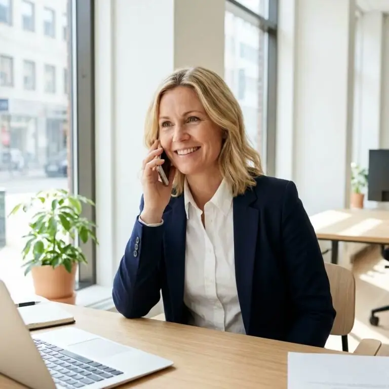 En kvinna i marinblå kavaj och vit skjorta sitter vid ett skrivbord i ett ljust kontor och ler medan hon diskuterar ekonomisk förvaltning på sin smartphone. En laptop, papper och en krukväxt står på skrivbordet och naturligt ljus flödar in genom stora fönster.