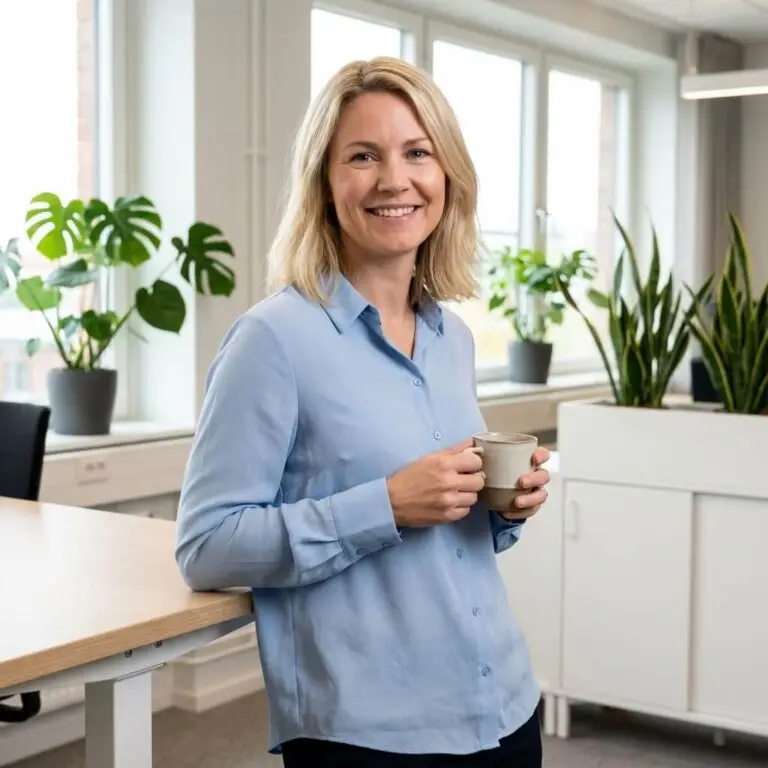 En kvinna med blont hår, klädd i ljusblå skjorta, ler och håller i en kaffekopp. Hon står i ett modernt kontor i Uppsala med stora fönster och flera gröna växter, vilket speglar en professionell miljö för ekonomisk fastighetsförvaltning.
