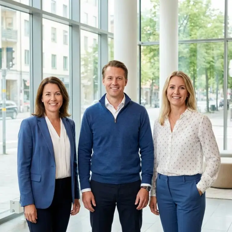 Tre professionellt klädda personer, två kvinnor och en man, står och ler i ett ljust, modernt kontor i Uppsala med stora fönster och träd som syns utanför.