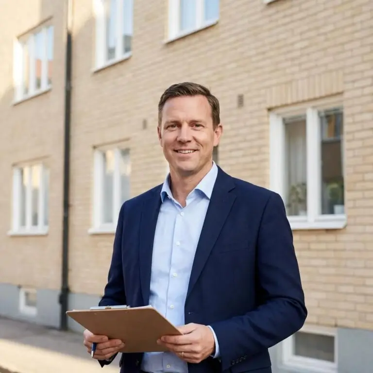 En man i marinblå kostym och ljusblå skjorta från Fastighetsförvaltning Uppsala står utanför en beige tegelbyggnad, troligen en bostadsrättsförenings. Han ler och håller i en skrivplatta. I bakgrunden syns fönster och en del av trottoaren.