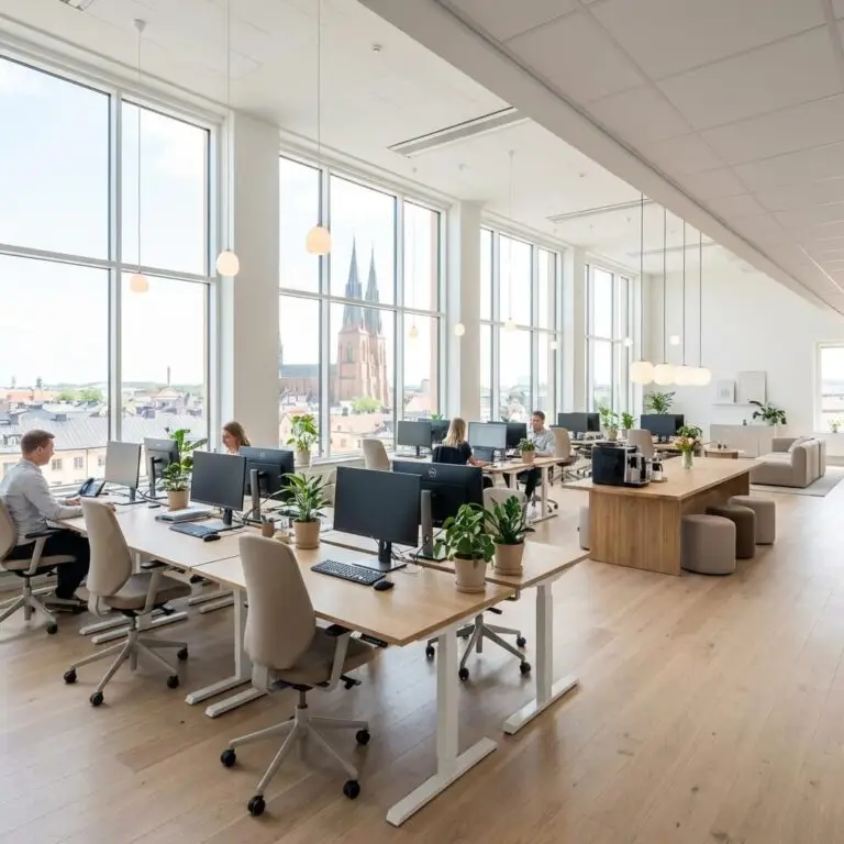Modernt öppet kontorslandskap med stora fönster, naturligt ljus och utsikt över Uppsala. Flera personer arbetar vid skrivbord med datorer och växter, med fokus på ekonomisk förvaltning. Moderna möbler och ljusa trägolv skapar en ljus och luftig atmosfär.
