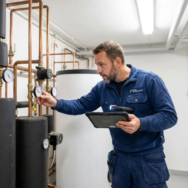 En tekniker i blå arbetskläder utför teknisk förvaltning åt en bostadsrättsförening i Uppsala och kontrollerar mätare på kopparrör i en tvättstuga, med en surfplatta och ficklampa i handen. Rummet har vita väggar, stark belysning och stora cylindriska tankar.