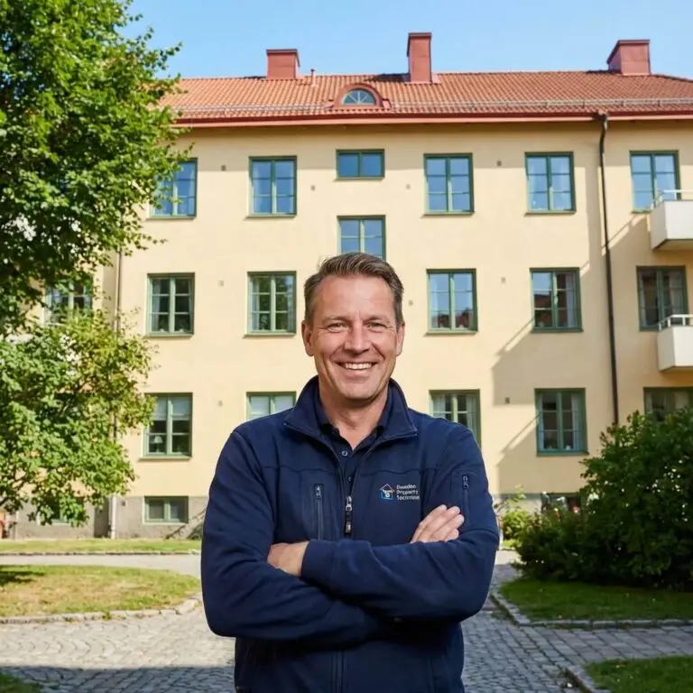 En man med kort hår, klädd i marinblå jacka, står leende med armarna i kors framför ett ljusgult bostadsrättsförening en solig dag. Gröna träd och buskar finns i närheten.