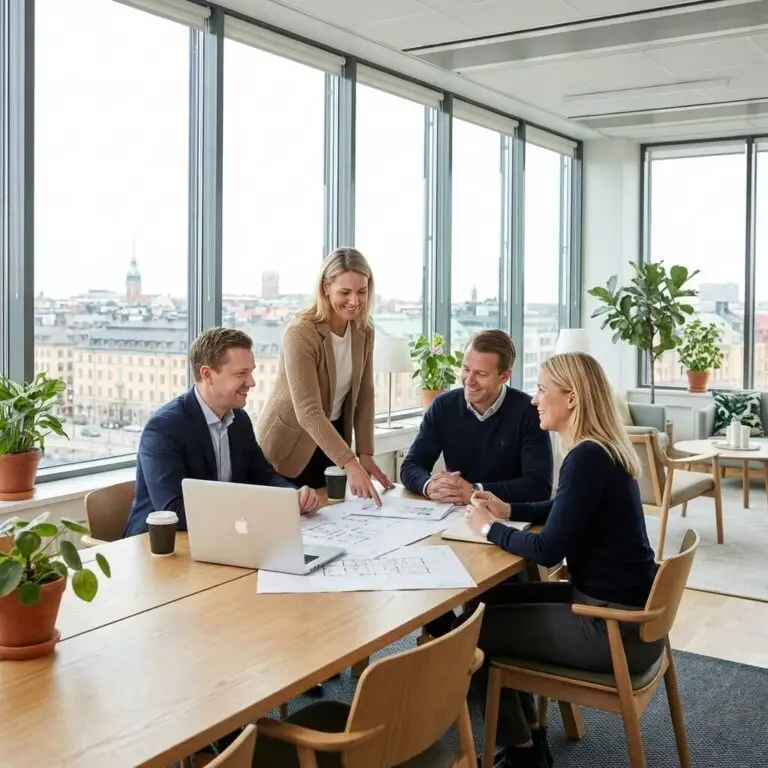 Fyra personer i affärskläder diskuterar ekonomisk förvaltning runt ett bord med papper och en bärbar dator i ett modernt kontor med stora fönster, utsikt över Uppsala och krukväxter. En kvinna pekar på något på bordet.