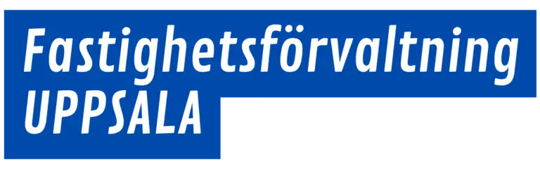 I vit text på blå bakgrund står det "Fastighetsförvaltning UPPSALA" i fet, kursiverad stil.