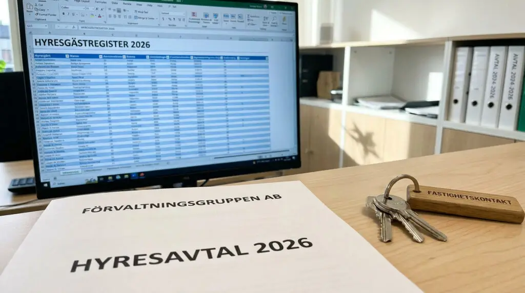 Ett skrivbord med ett dokument med titeln "HYRESAVTAL 2026", en nyckelknippa med titeln "FASTIGHETSKONTAKT" och en datorskärm som visar ett kalkylblad med titeln "HYRESGÄSTREGISTER 2026".