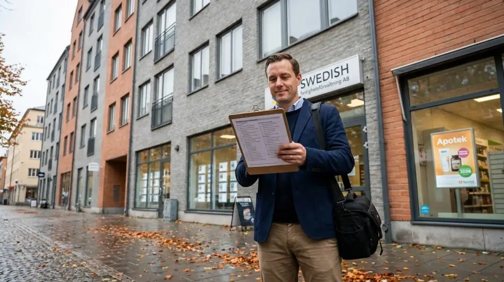 En man i blå kavaj står på en trottoar i en stad och håller i en skrivplatta. Bakom honom syns moderna tegelbyggnader, en butik med "Swedish" på skylten och höstlöv utspridda på marken.
