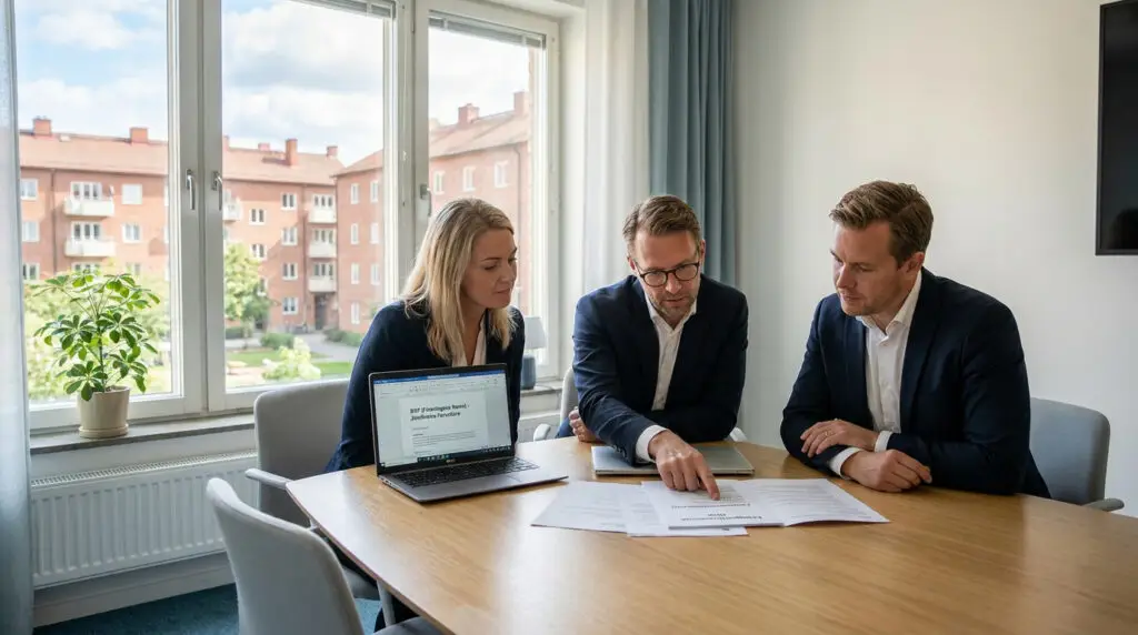 Tre personer i affärskläder sitter vid ett konferensbord och går igenom dokument. En man pekar på ett papper, medan en kvinna och en annan man tittar på. I bakgrunden syns en bärbar dator och ett fönster med utsikt över tegelbyggnader.