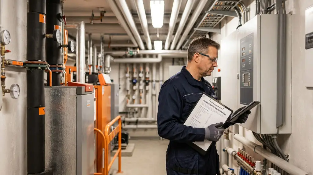 En tekniker med glasögon och marinblå overall håller i en skrivplatta medan han inspekterar kontrollpaneler och mätare i ett mekaniskt rum fyllt med rör och industriell utrustning.