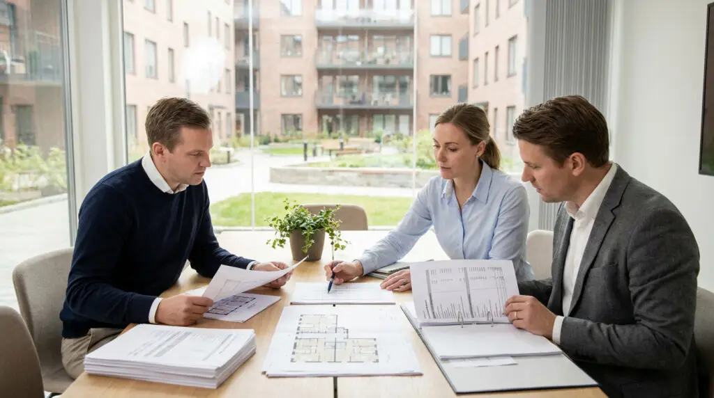 Tre personer sitter vid ett bord på ett modernt kontor och granskar arkitektritningar och dokument. Stora fönster visar flerfamiljshus och en innergård utanför. En krukväxt står på bordet.