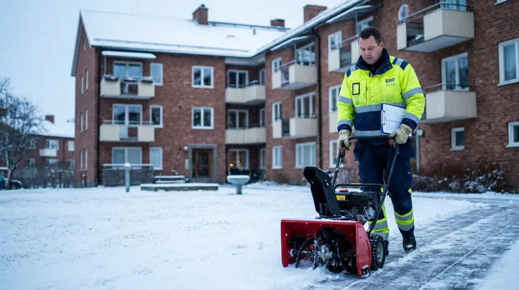 En man i reflexväst använder en röd snöslunga för att röja snö från en gångväg utanför ett hyreshus i tegel en snöig dag.