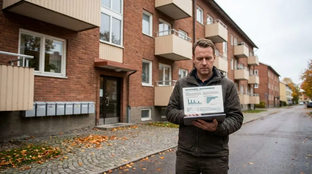 En man står utanför ett hyreshus på en kullerstensgata och håller i en öppen laptop med diagram och grafer. Det är höst och nedfallna löv ligger utspridda på marken.