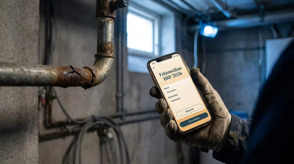 En handskbeklädd hand håller i en smartphone som visar en app för underhållsrapporter bredvid ett läckande metallrör i en svagt upplyst källare eller tvättstuga.