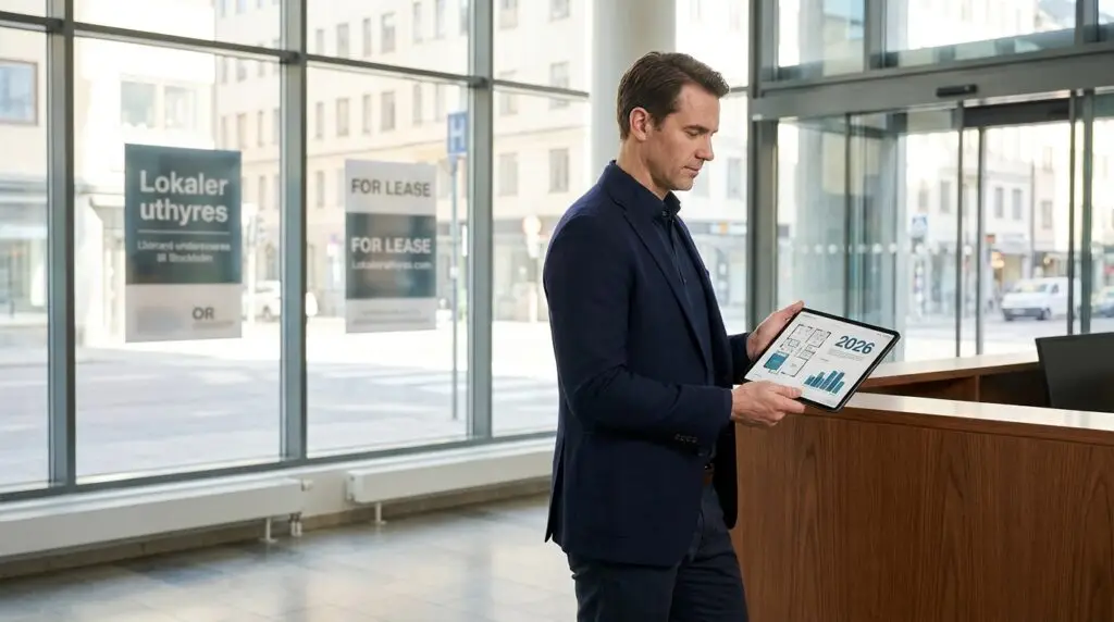 En man i affärskläder står inomhus och håller i en surfplatta med grafer och data. Stora fönster bakom honom visar stadsbyggnader och skyltar som säger "For Lease" och "Lokaler uthyres.