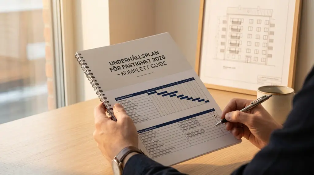 En person håller i och skriver på ett spiralbundet häfte med titeln "Underhållsplan för fastighet 2026 - Komplett guide" vid ett skrivbord, med en inramad byggnadsskiss och en kopp i närheten.