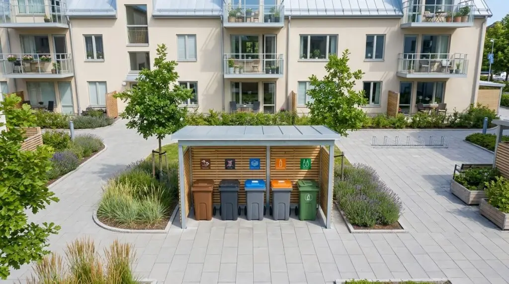 Återvinnings- och sopkärlen utomhus är prydligt placerade i ett skyddat miljörum på en modern BRF-innergård, omgiven av planteringar, lägenheter med balkonger och en stenlagd gångväg.