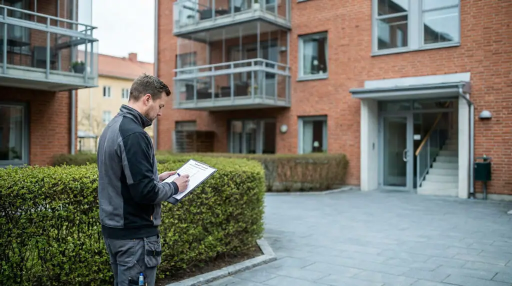 En man i arbetskläder står utanför ett modernt flerbostadshus i tegel och skriver på ett skrivunderlägg bredvid välklippta gröna buskar på en stenlagd innergård.