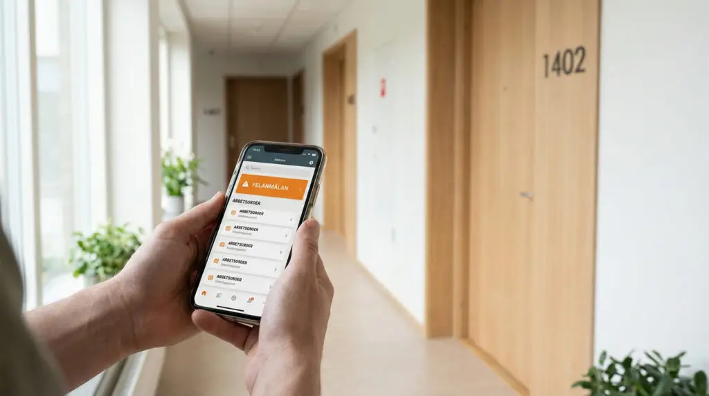 En person håller i en smartphone i en ljus korridor och tittar på en app för uppgiftshantering med titeln "FILANLÅLAN". Flera trädörrar och krukväxter kantar korridoren, och en dörr är märkt med numret 1402.