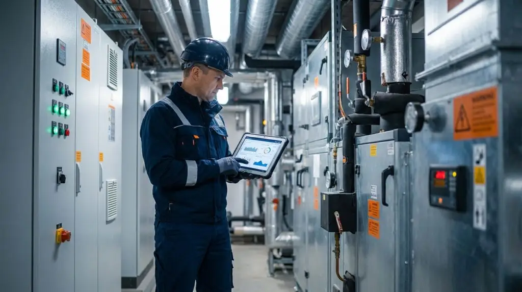 En arbetare i skyddsutrustning och hjälm använder en surfplatta för att övervaka utrustningen i ett industriellt kontrollrum med rör, maskiner och kontrollpaneler.